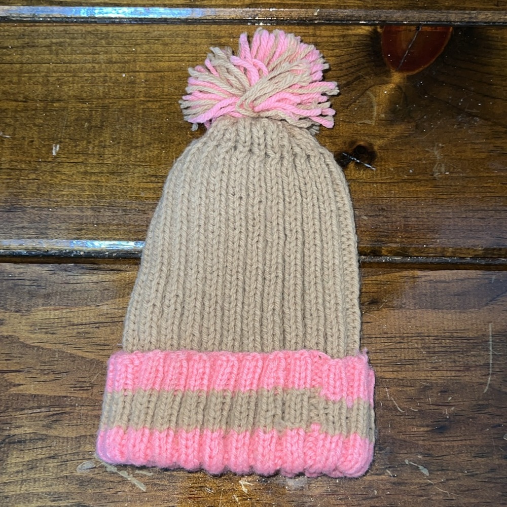 Hand Knit Tan‎ & Pink Girl’s Hat- OS